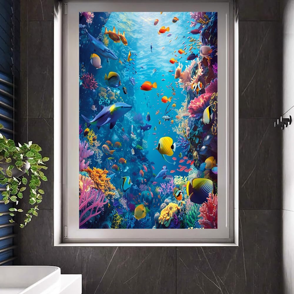 Tropical Fish Stained Glass Window Film, Colorful Coral Beautiful Ocean Landscape Peel and Stick Frosted Privacy Film, Adhesive Vinyl Decorative for Bathroom Windows Glass Doors, 35.4Wx55.1L inch