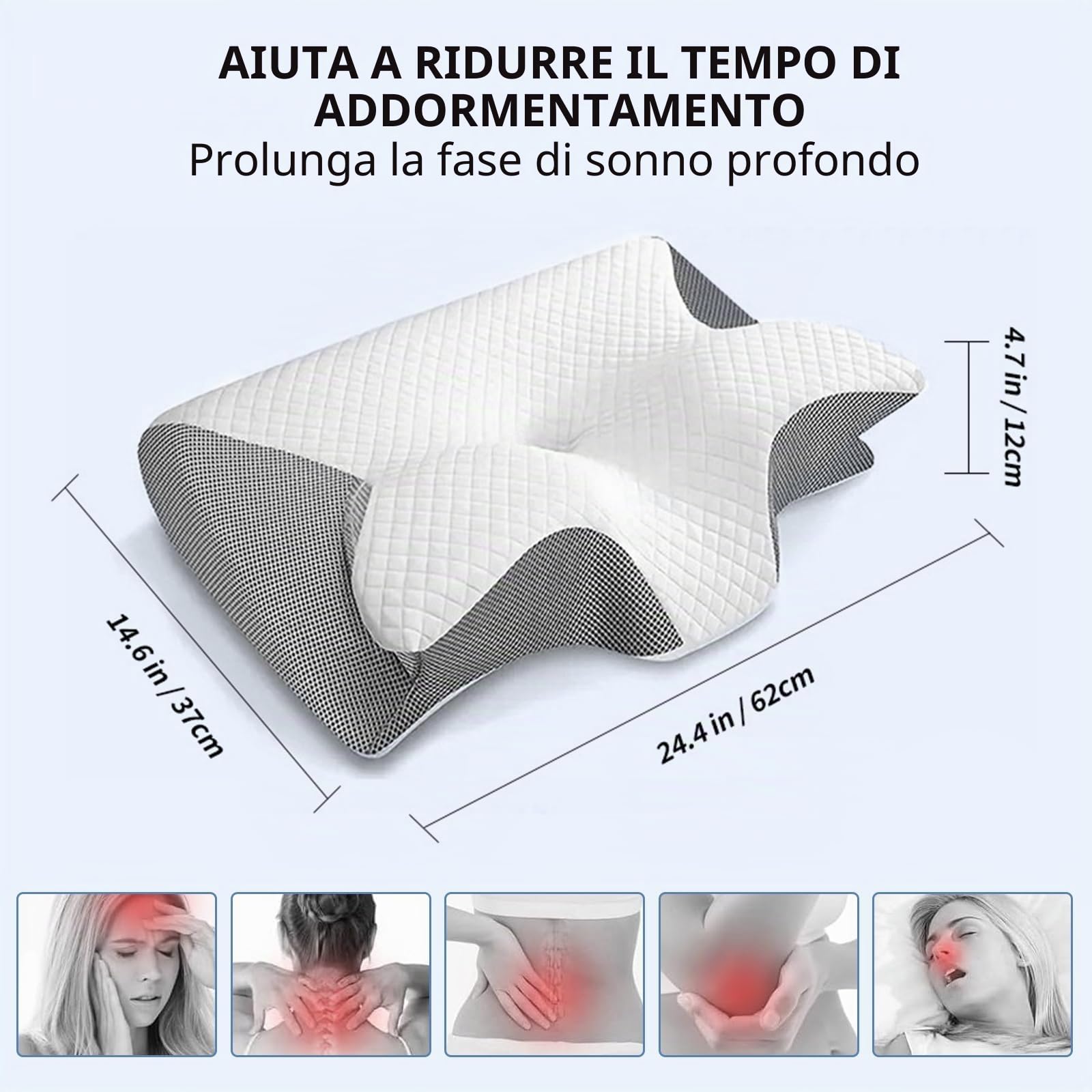 JINER Cuscino Cervicale per Dormire, Cuscino Ortopedico in Memory Foam, Cuscino Ergonomico Cervicale per Dormire sul Fianco con Federa Sfoderabile e Lavabile, 62x37x10/12cm