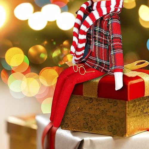 Miniatura 5 de Juego de ropa de 3 piezas de ropa navideña para muñeca de elfo, incluye camisa de manga larga, gafas de elfo, bufanda a rayas rojas y blancas