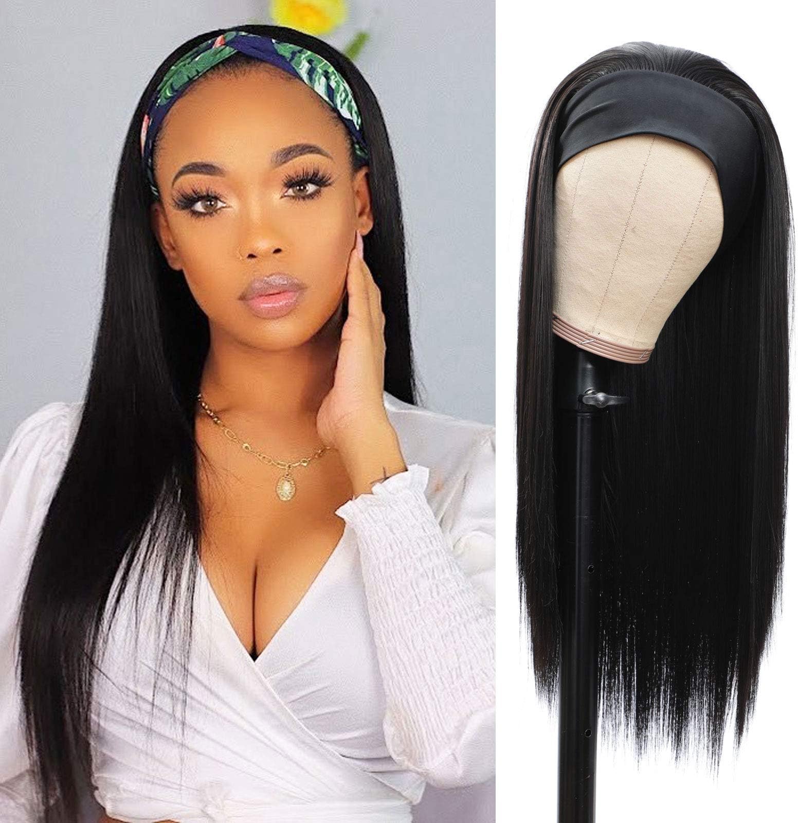 G&T Headband Wig for Women Black Straight Synthetic Headband Wig Glueless Heat Resistant Natutal Looking for Daily Party Use 24 Inch