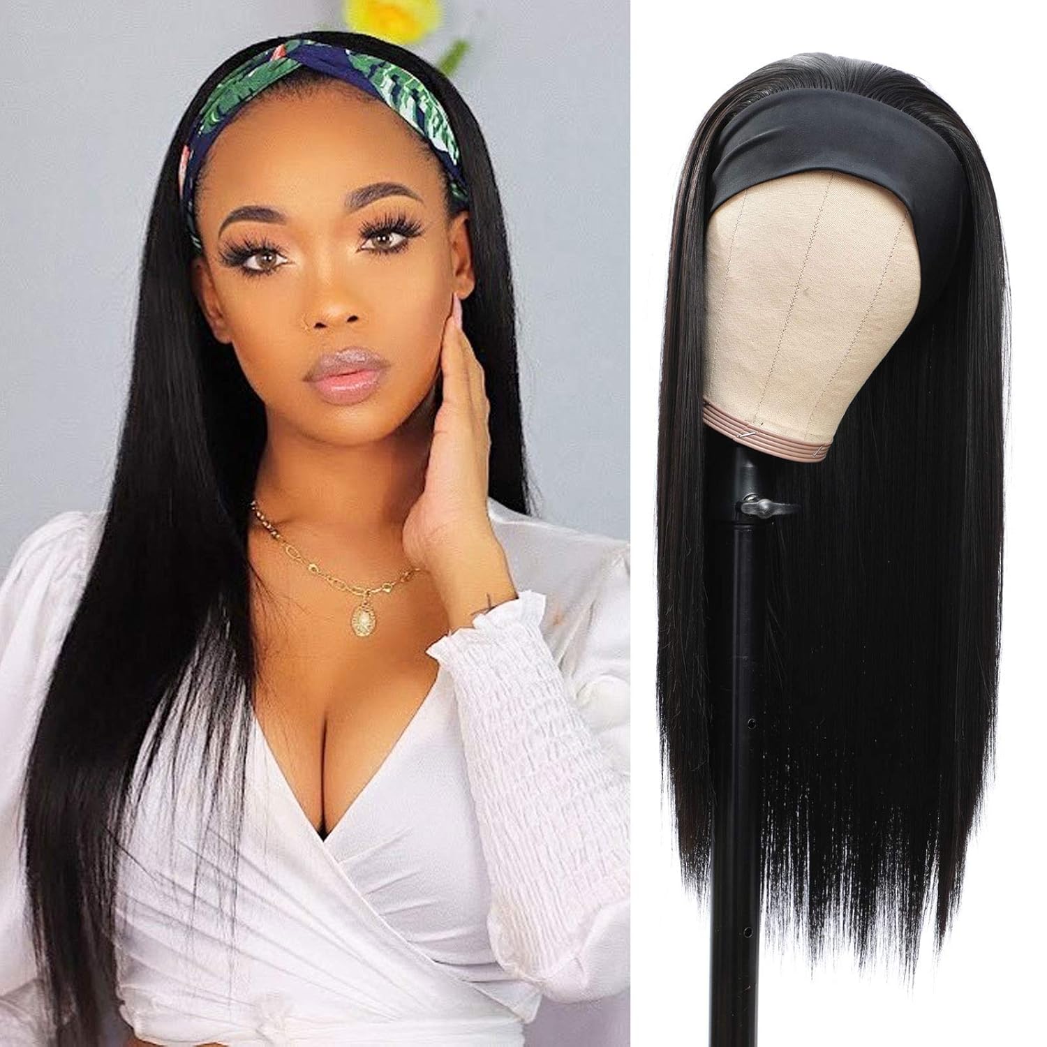 g&t headband wig for women black straight synthetic headband wig glueless heat resistant natutal looking for daily party use 24 inch