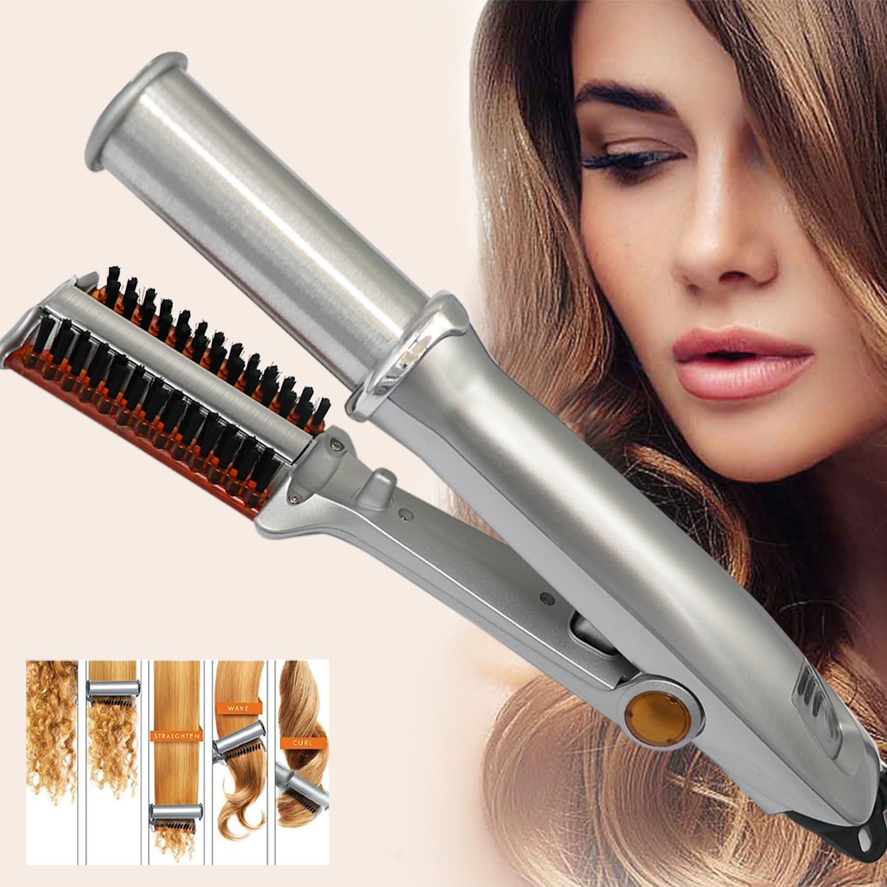 2 in 1 Rotating Curling Iron Fast Heat Hair Straightener and Curler Professional Curing Wand for All Hairstyles for Home Travel Hair Styling Tools Three-Speed Temperature Adjustment