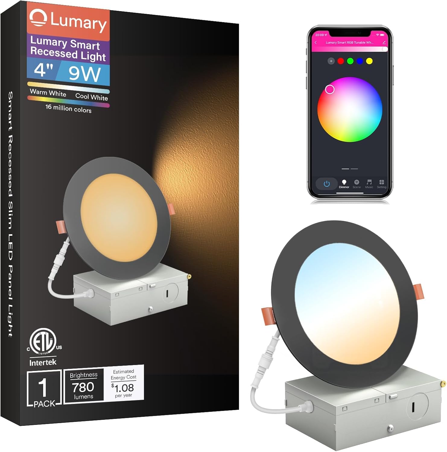 Lumary Black Smart WiFi Recessed Lights 4 Inch, Ultra-Thin LED Recessed Lights with J-Box, 9W 780LM Dimmable Canless Wafer Downlight, Works with Alexa/Google Assistant/BT Remote, ETL Listed, 1 Pack Lumary Black Smart WiFi Recessed Lights 4 Inch, Ultra-Thin LED Recessed Lights with J-Box, 9W 780LM Dimmable Canless Wafer Downlight, Works with Alexa/Google Assistant/BT Remote, ETL Listed, 1 Pack