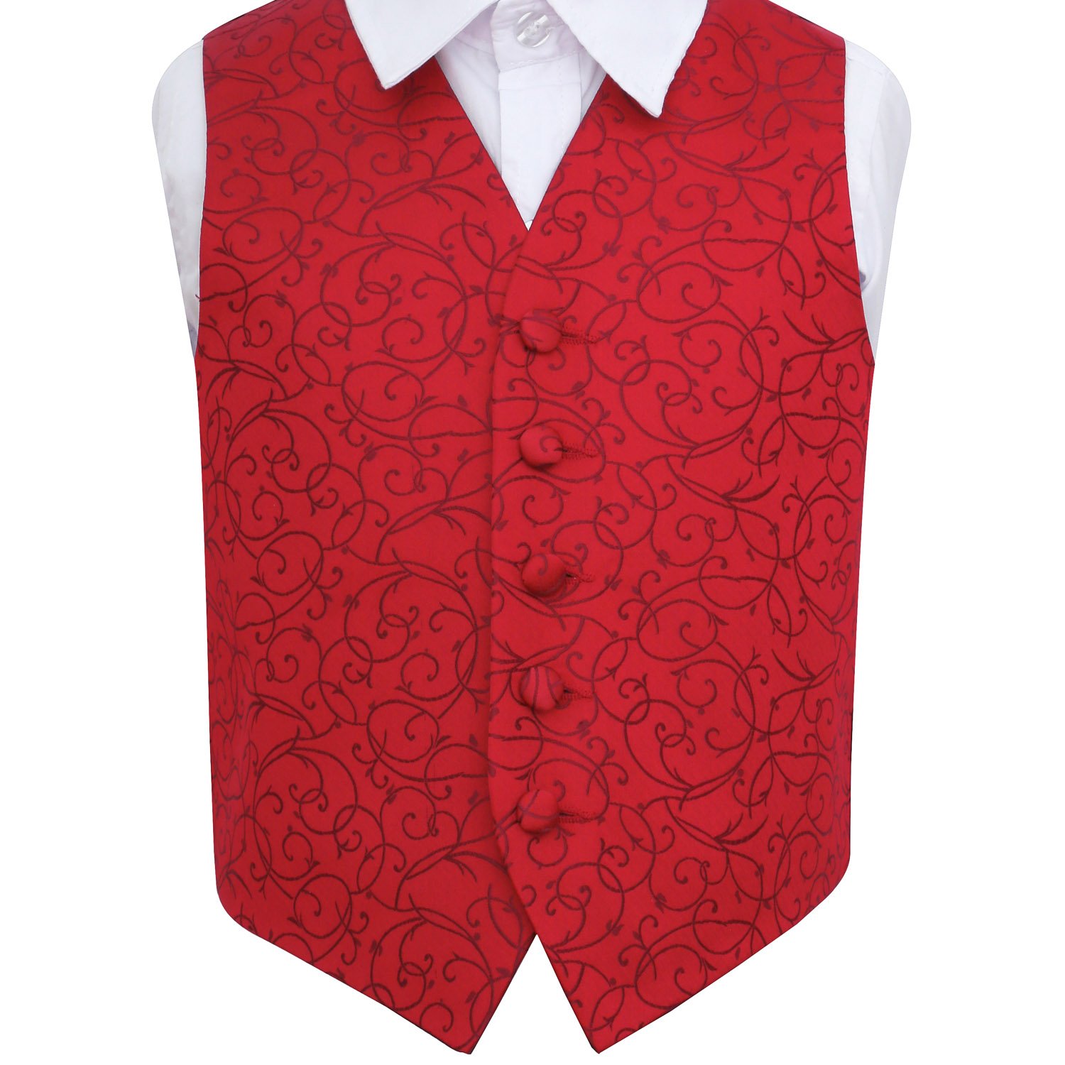 DQT Boys Swirl Floral Jacquard Wedding Waistcoat for Page Boy and Formal Suit - Burgundy 7-8 Years 28"