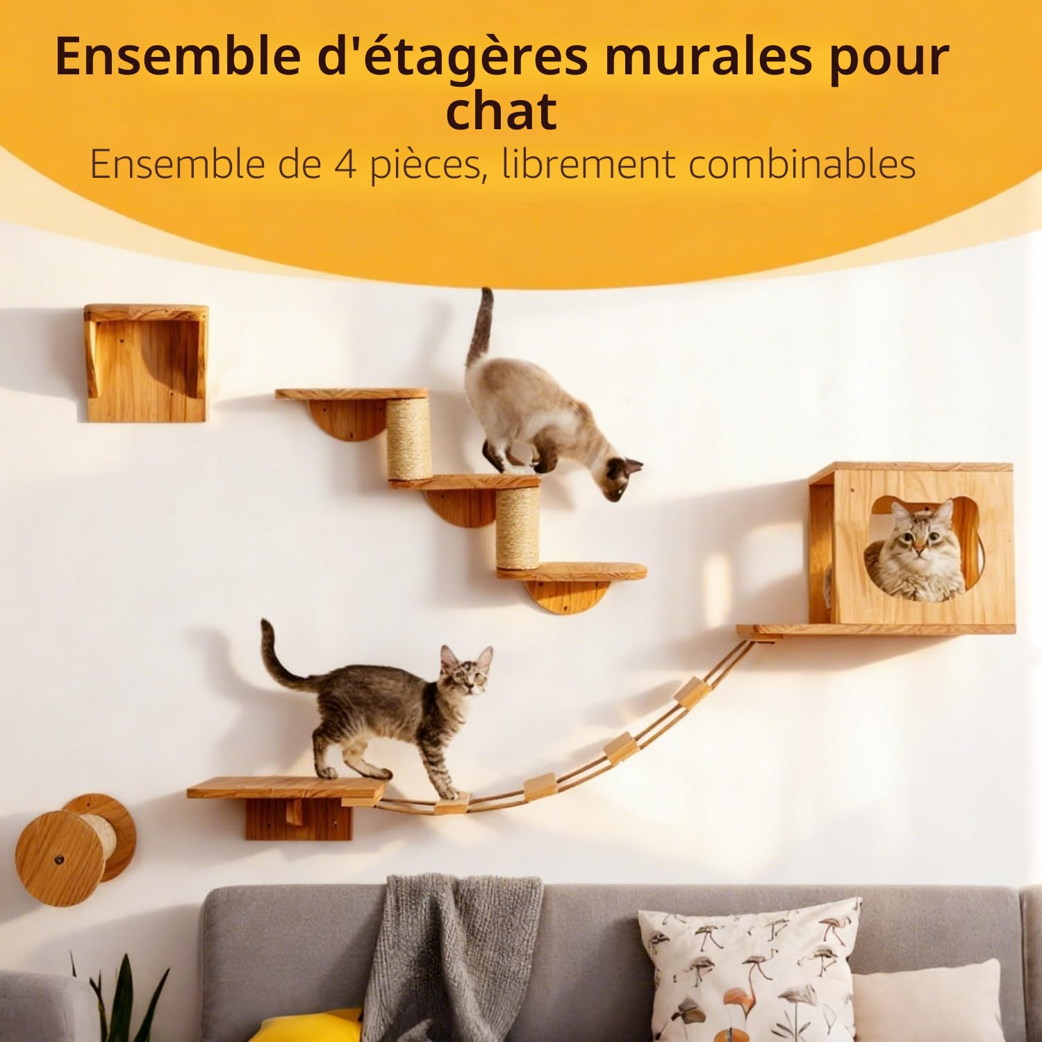Mur d'escalade pour chat XXL - Parc mural en bois 4 pièces avec grotte pour chat, pont suspendu, escalier et colonne en sisal - Meubles muraux pour chats domestiques