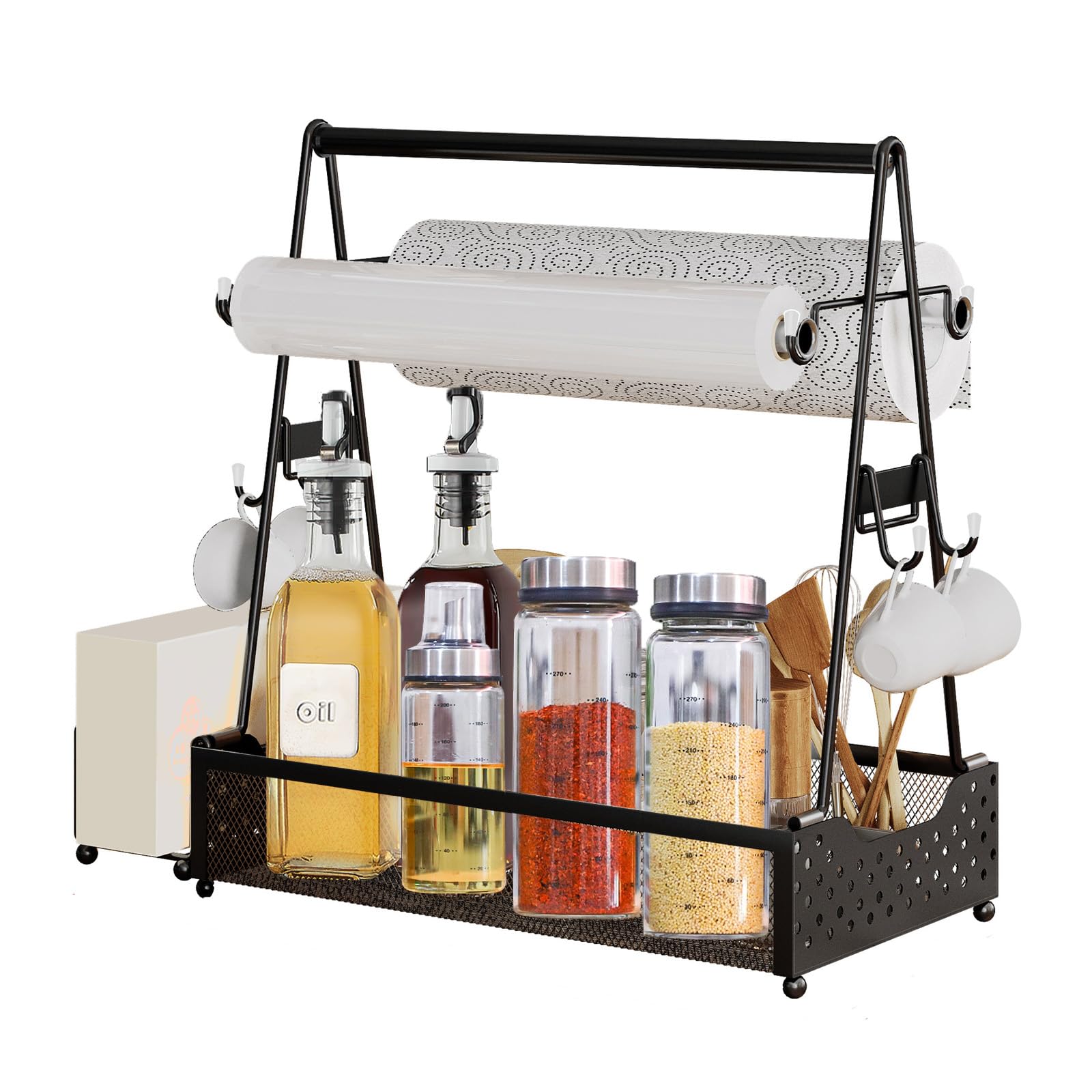 Grill Caddy für Camping,Picknick & Outdoor Edelstahl Campingzubehör Organizer,Schwarz Metall Tassenständer Gewürzregal,Kaffee Organizer Regal mit 4 Haken,Grill Utensilienbehälter