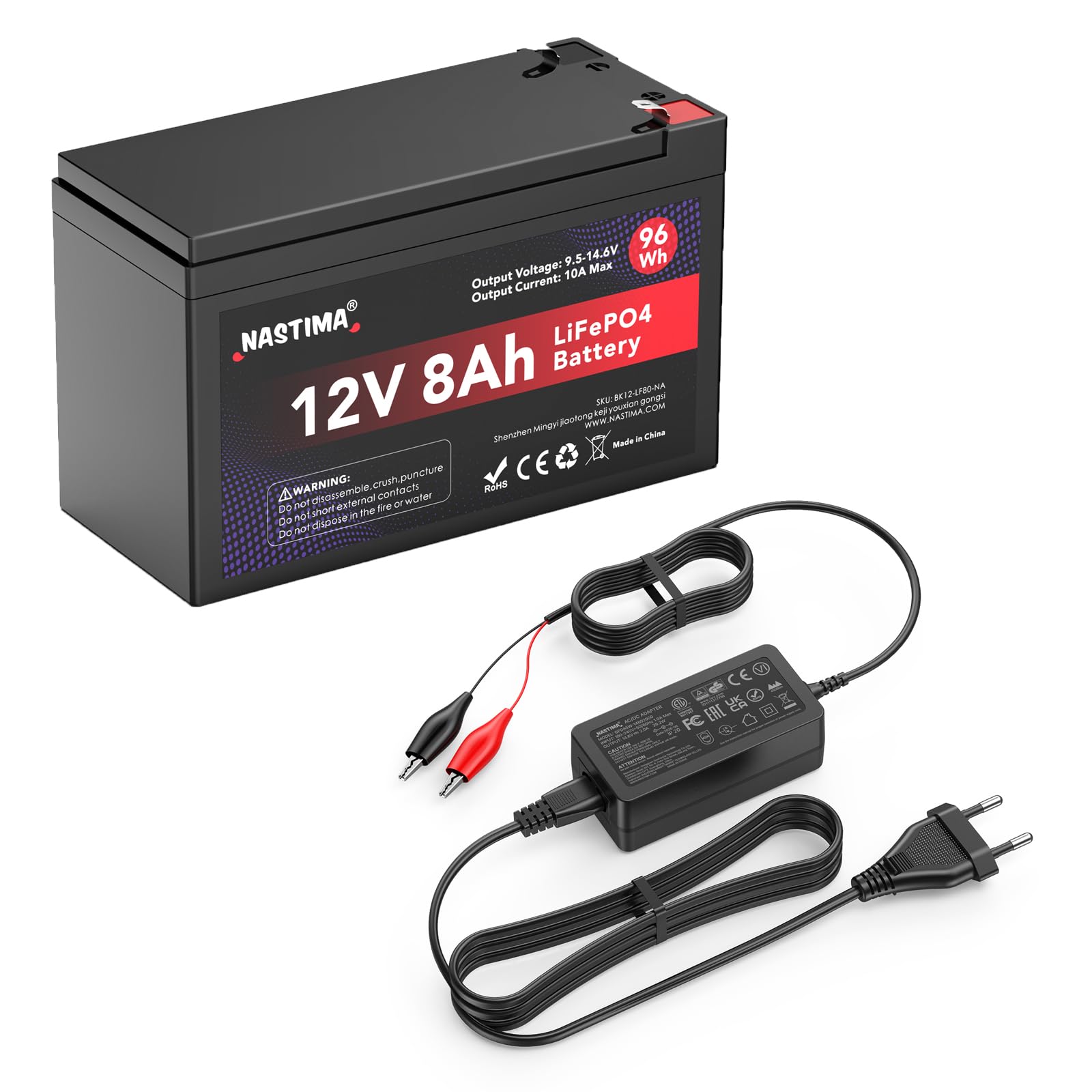 NASTIMA Batteria Ricaricabile 12V 8Ah LiFePO4 con Protezione BMS e Ciclo Profondo 4000, con Caricabatterie 14,6V 2000mA LiFePO4