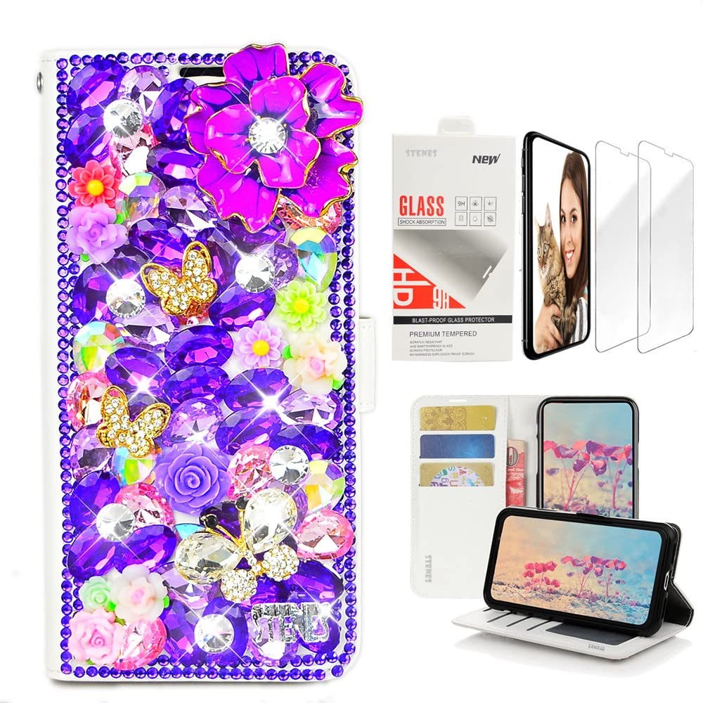 STENES Bling Wallet Case Compatible with OnePlus 7 Pro - Stylish - 3D Handmade Rose Butterfly Flowers Floral Leather Case with Wrist Strap & Screen Protector [2 Pack] - Purple
