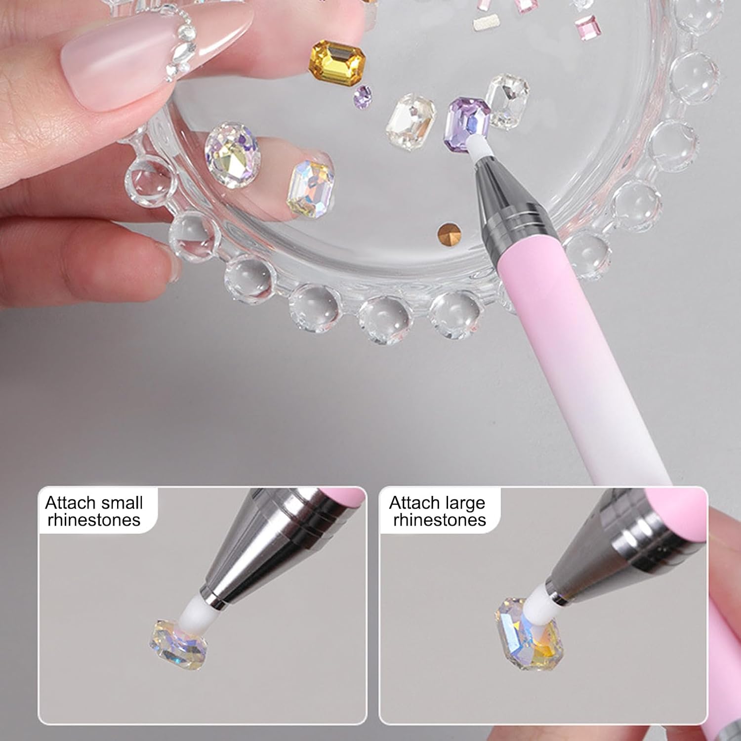 Rhinestone Picker Tool, 1pc Rotating Refillable Wax Pen and 3pcs Wax, Diamond Painting Dotting Tools Nail Art Decoration for Quickly Pick Up Crystal Beads Gems Pearl Nails Supplies (Pink)