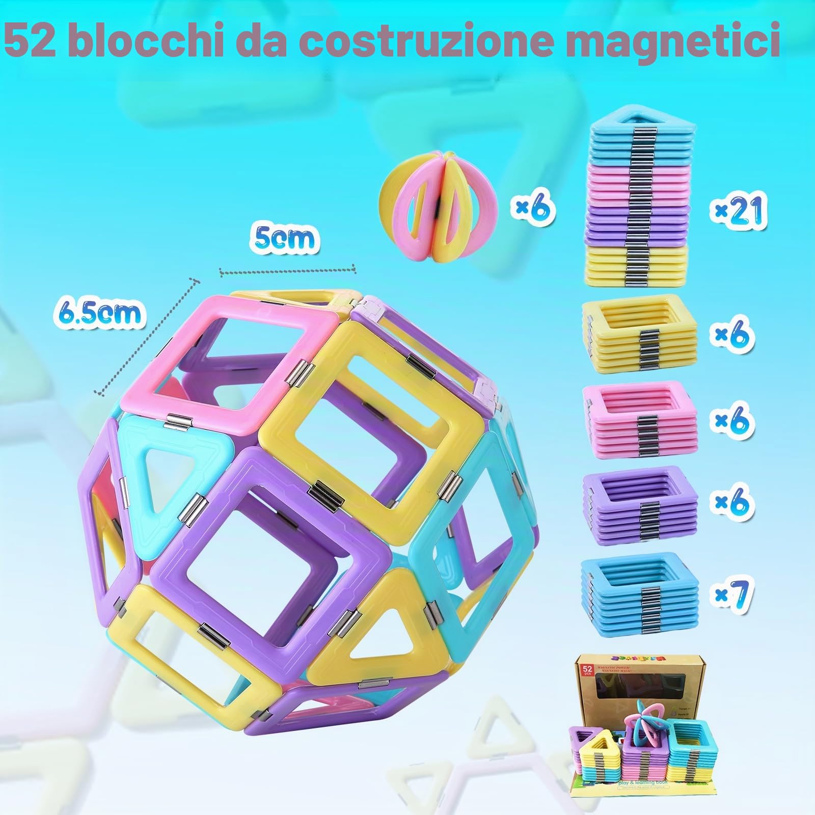 Magblock Magnetico Costruzione Costruzione Giocattoli 52 Pezzi Blocchi Magnetici Gioco Set Per Ragazzi e Ragazze Creatività Apprendimento STEM Giocattoli Magneti Piastrelle Regali per Bambini