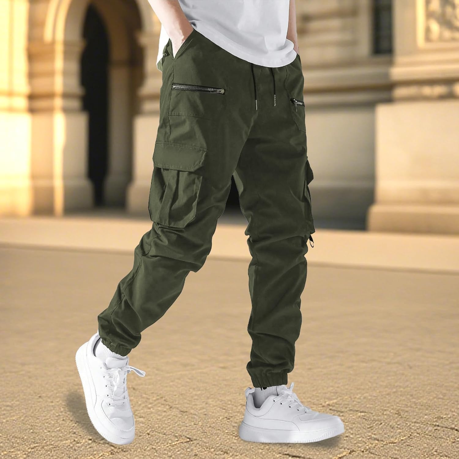 Mens Cargo Pants with Zipper Pockets Lightweight Elastic Drawstring Loose Fit Streetwear Casual Pants - Image 2