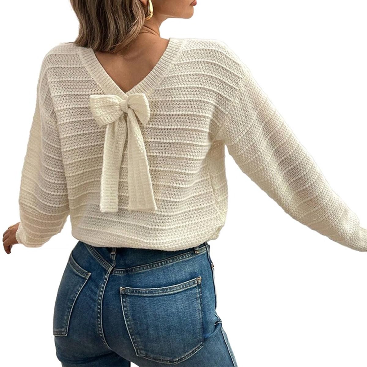 EyeWink Womens Fall Cute Textured Knitted Sweater - Crewneck Long Sleeve Back Bow Solid Color