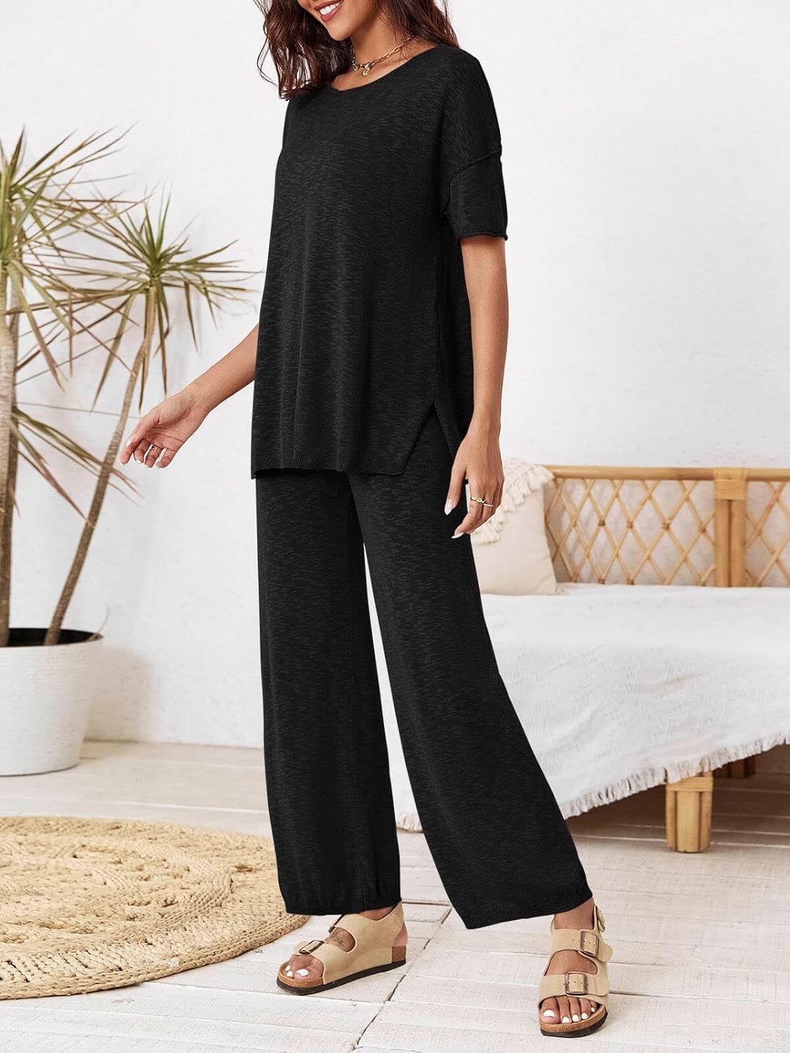 Tankaneo Women's 2 Piece Travel Outfits Casual Short Sleeve Knit Sweater Set Wide Leg Pants Lounge Sets Tracksuit - Image 4