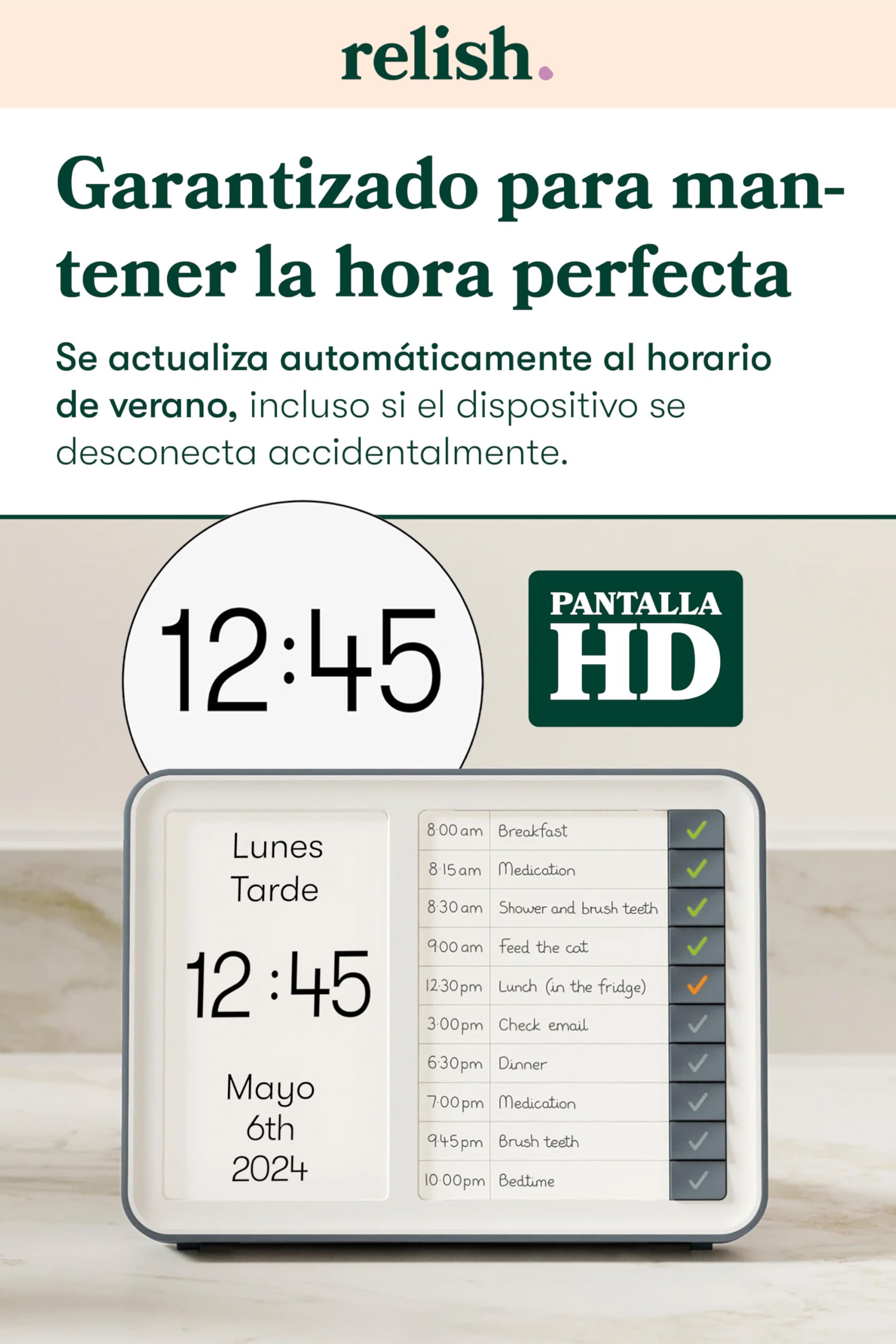 Relish Day Hub - Reloj de demencia con administrador de tareas diarias, pantalla grande HD, reloj digital con calendario para personas mayores y personas con pérdida de memoria