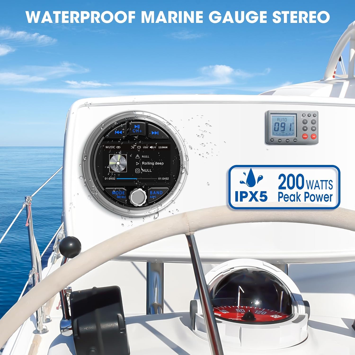 Bluetooth Marine Gauge Radio Receiver - Waterproof Boat Stereo - Digital Multimedia MP5 Player USB AM FM Tuner 4 x 50 Watts Audio System for ATV UTV