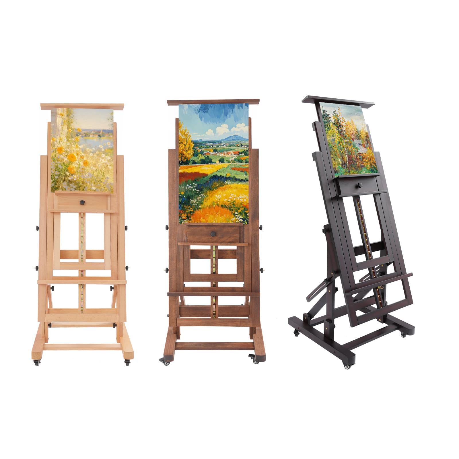Caballete de madera grande móvil y altamente ajustable de lona con 4 ruedas universales, práctica lengüeta de tracción, mesa de caballete para viviendas, salas de clases de arte, estudios (color retro