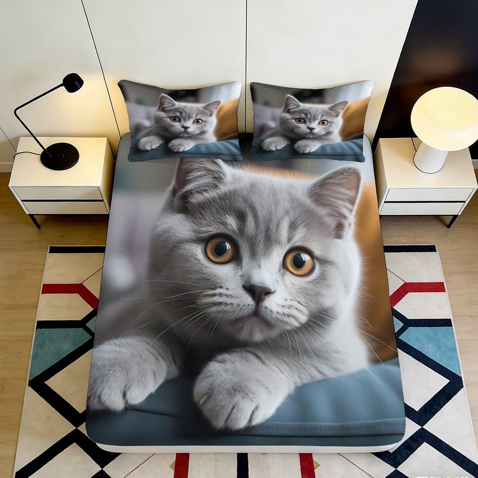 Tjiqhvmrn Style-9 Cute Cat 3D Printed Fitted Sheet Microfiber Non-Slip Deep Pocket Cat Mattress Fitted Cover Bedroom Bedding Full Wrap Washable For Adults Youth 90X200x25cm