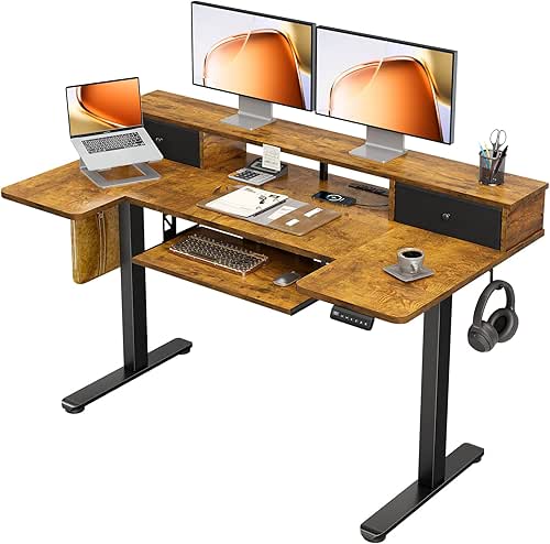 OffiGo U Shaped Electric Standing Desk with Drawers, 55 Inch