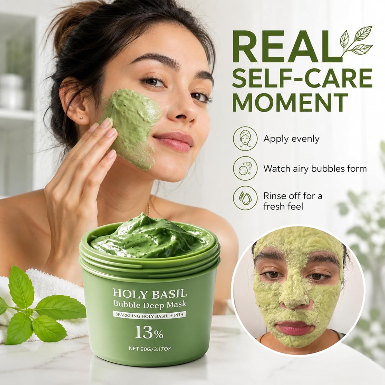 Holy Basil Bubble Deep Mask | Clay-to-Foam Face Mask with PHA & Holy Basil Extract, Gentle Cleansing & Hydrating Facial Mask (90g / 3.17 oz) (Green)