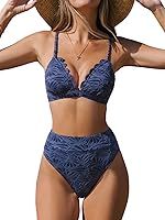 Vista 1 de CUPSHE - Conjunto de bikini para mujer, traje de baño de dos piezas, de cintura alta y con cuello en V festoneado