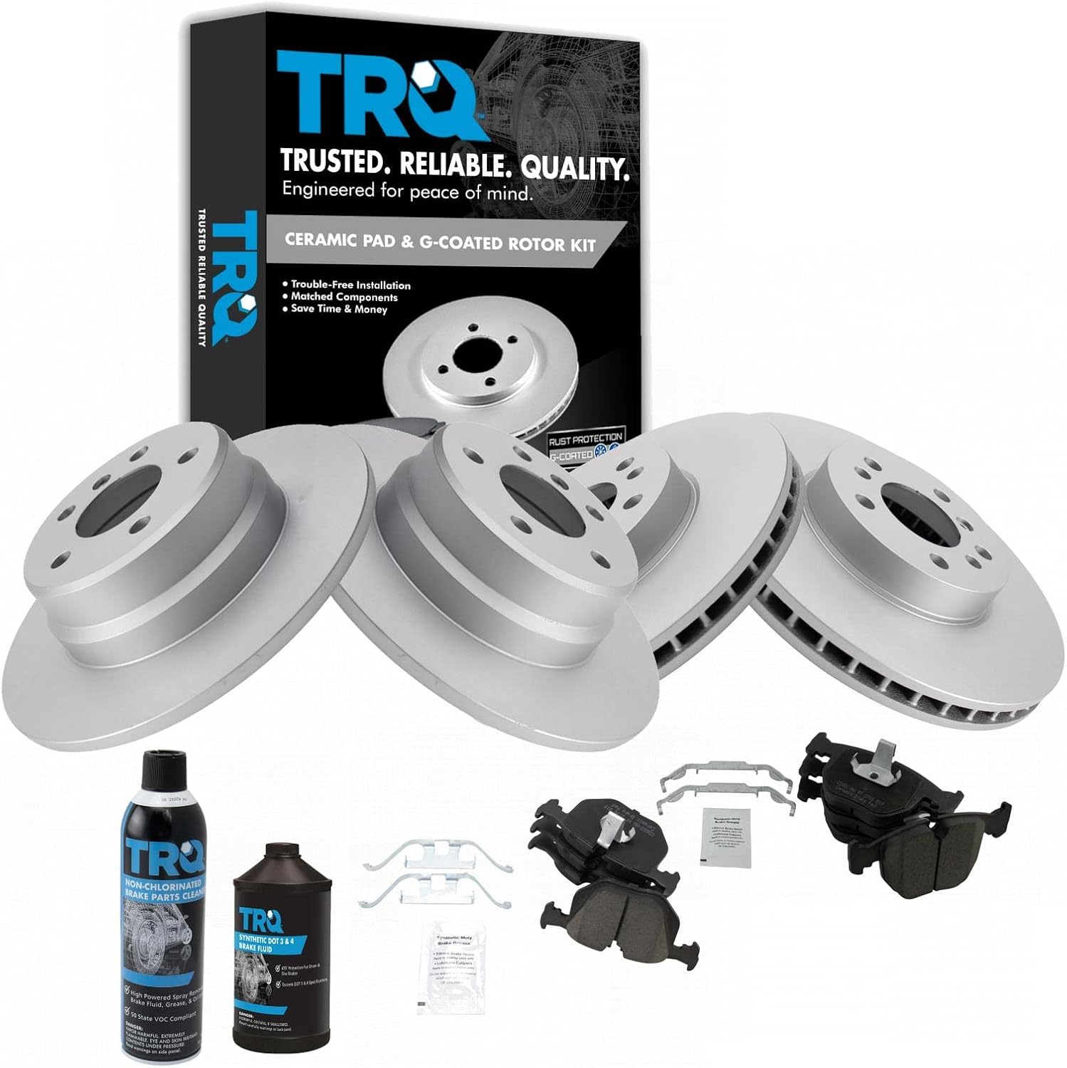 TRQ Front and Rear Brake Pad & Rotor Kit Brake Chemical Kit Brake Pads Brake Rotor Ceramic Premium G-Coated Compatible with 2000-2006 BMW X5