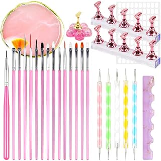 34Pcs Nail Art Tools Set Nail Art Brushes Dotting Pens Nail Stand for Press on Holder for Painting Nail Design Tools Nail Display Board Art Supplies for DIY Manicure Salon Use Pink