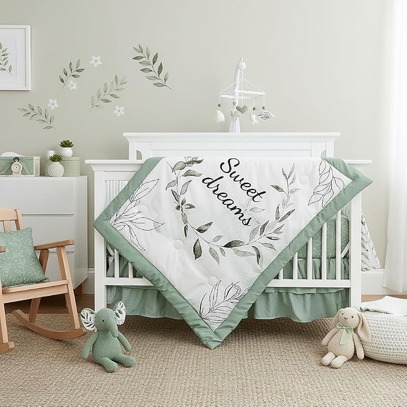 Juego de ropa de cama para cuna Green Leaf, juego de ropa de cama de 4 piezas para bebé niño, juego de ropa de cama neutro para guardería, sábana ajustable para cuna, pollera para cuna, colcha para bebé y apilador de pañales, salvia