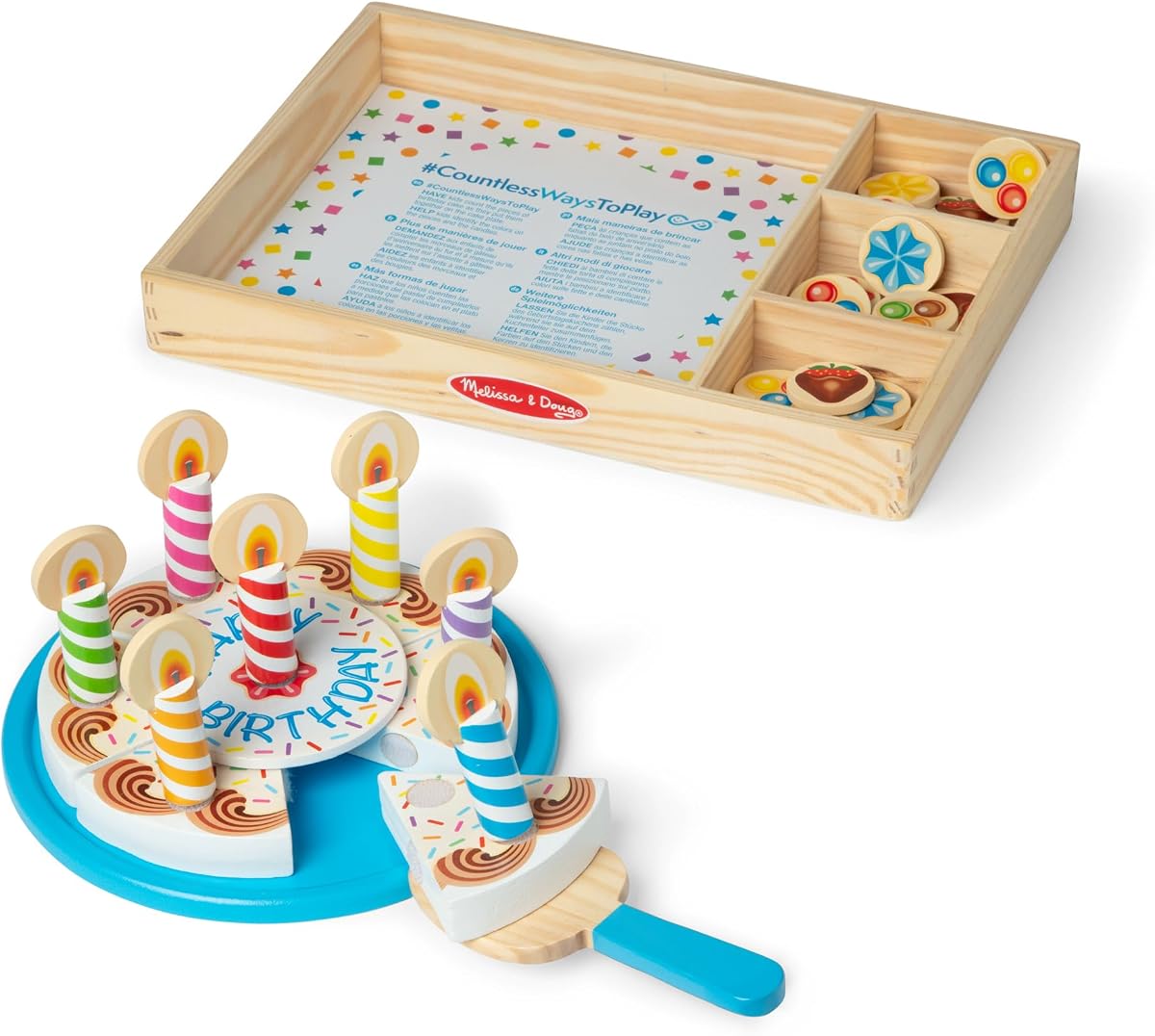 Birthday Party Cake - Wooden Play Food with Mix-n-Match Toppings and 7 Candles