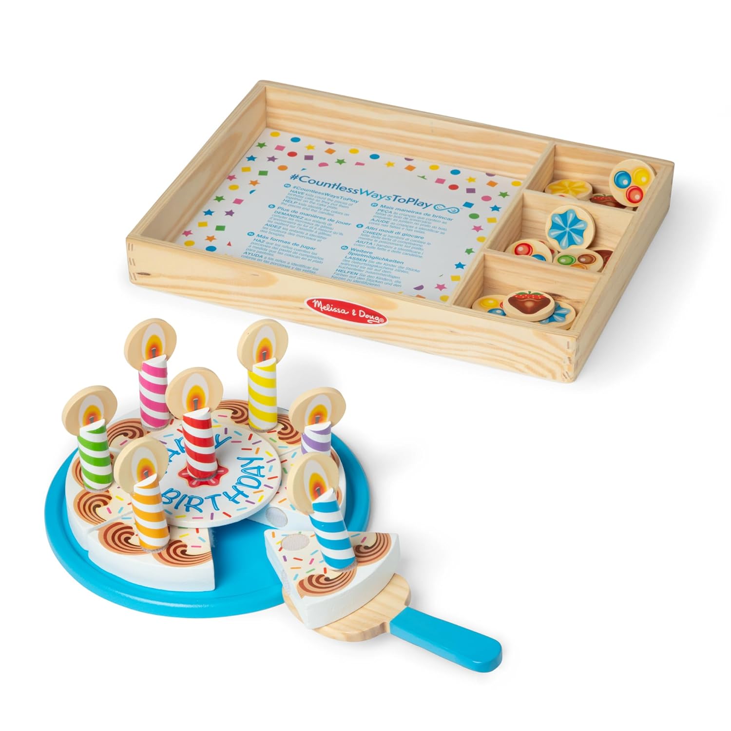 Melissa Doug Birthday Party Cake - Wooden Play Food with Mix-n-Match Toppings and 7 Candles