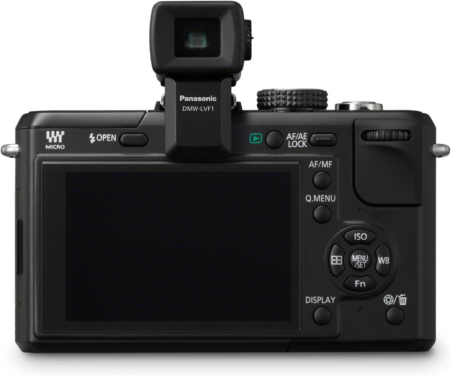 Panasonic Lumix DMC-GF1 back view with optional Live View Finder attached
