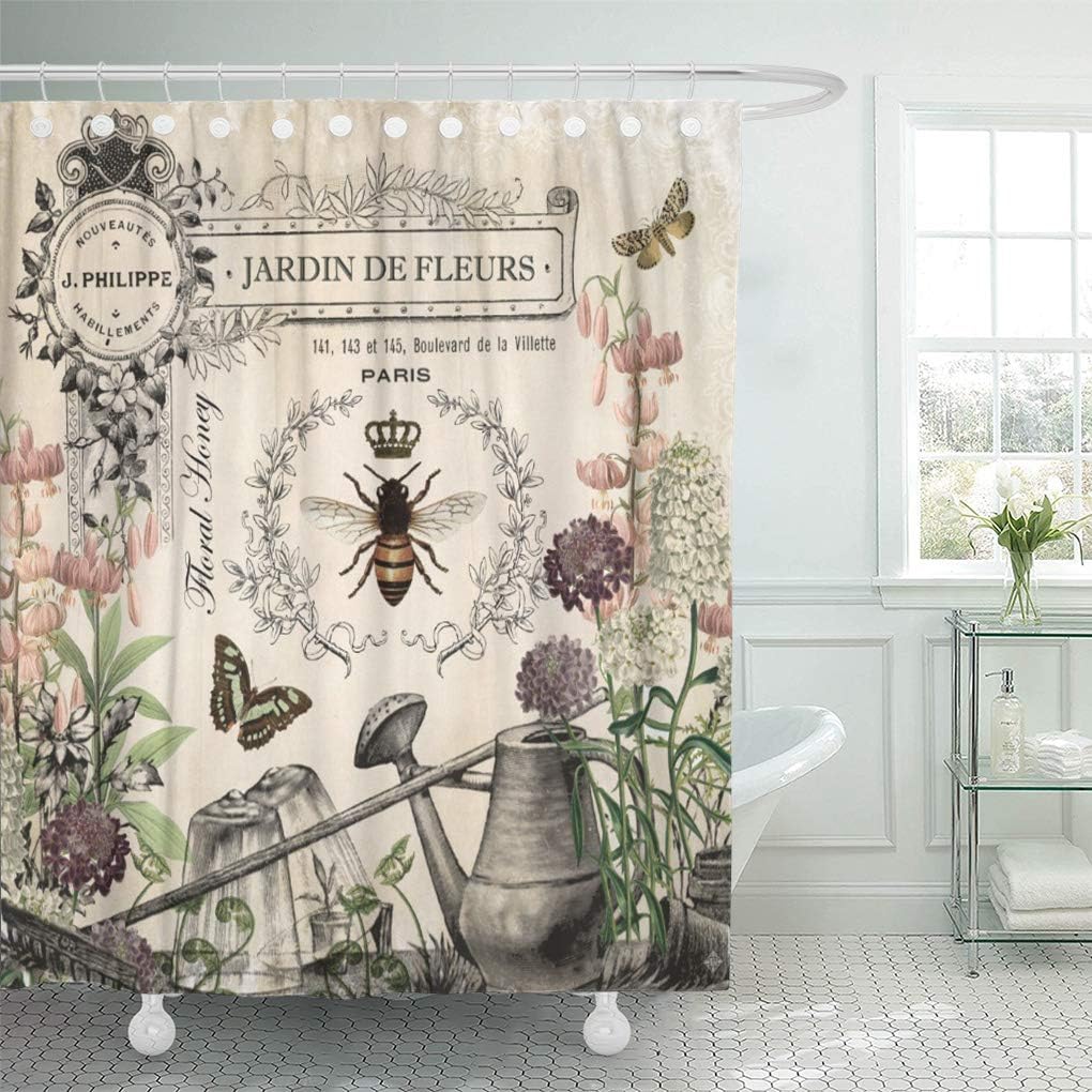 Shower Curtain Modern French Bee Garden Vintage Queen Floral Watering Can 72"x72" Home Decor Waterproof Bath Bathroom Curtains Set with Hooks