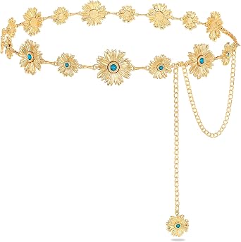 Western Turquoise Chain Belt for Women with Daisy Pattern Cowgirl Concho Metal Waist Belt for Boho Country