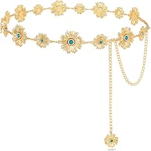 Western Turquoise Chain Belt for Women with Daisy Pattern Cowgirl Concho Metal Waist Belt for Boho Country