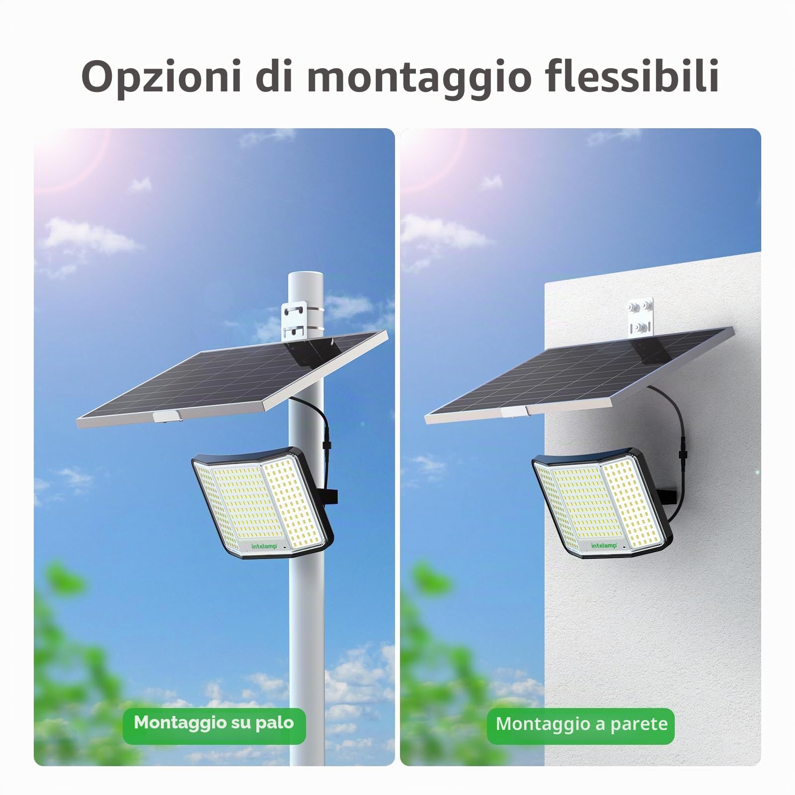 INTELAMP Faro led esterno con grande pannello solare,20000mAH Batteria,251 LED,2000LM, Faretto led da Esterno Solare con Telecomando IP65 faretto solare per Esterno e Giardino