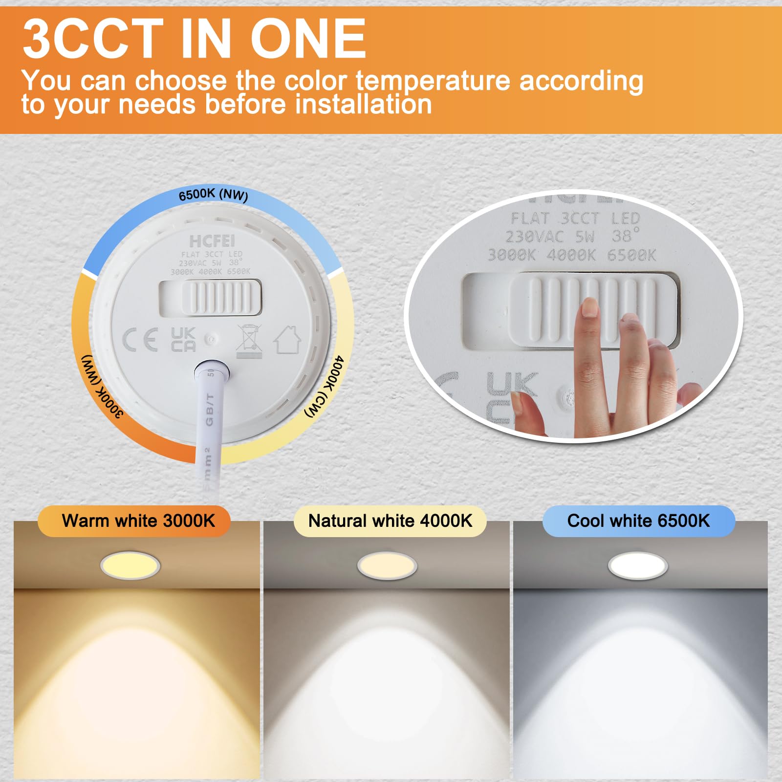 HCFEI Modulo LED ultra piatto, diametro 50 x 24 mm, per faretto da incasso, 5 W, 450 lm, 110° 230 V, bianco caldo, bianco naturale, bianco freddo, sostituisce lampadine GU10 MR16, impermeabile IP44