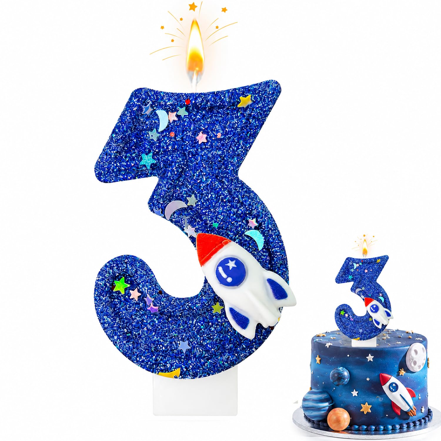3 Candle, 3 Birthday Candle Astronaut Blue Spaceship Glitter Numeral Cake Candle, Blue Cake Topper Decoration for Babe Boys Birthday Party, Astronaut Party Decor & Festival Scene Arrangement
