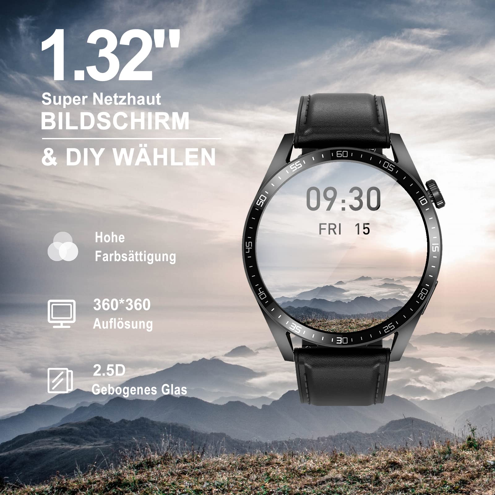 Smartwatch męski z funkcją telefonu, ekran dotykowy 1,32", zegarek sportowy, z asystentem głosowym, wodoszczelność IP67, monitor ciśnienia krwi, kontakty z systemem iOS i Android (czarny)