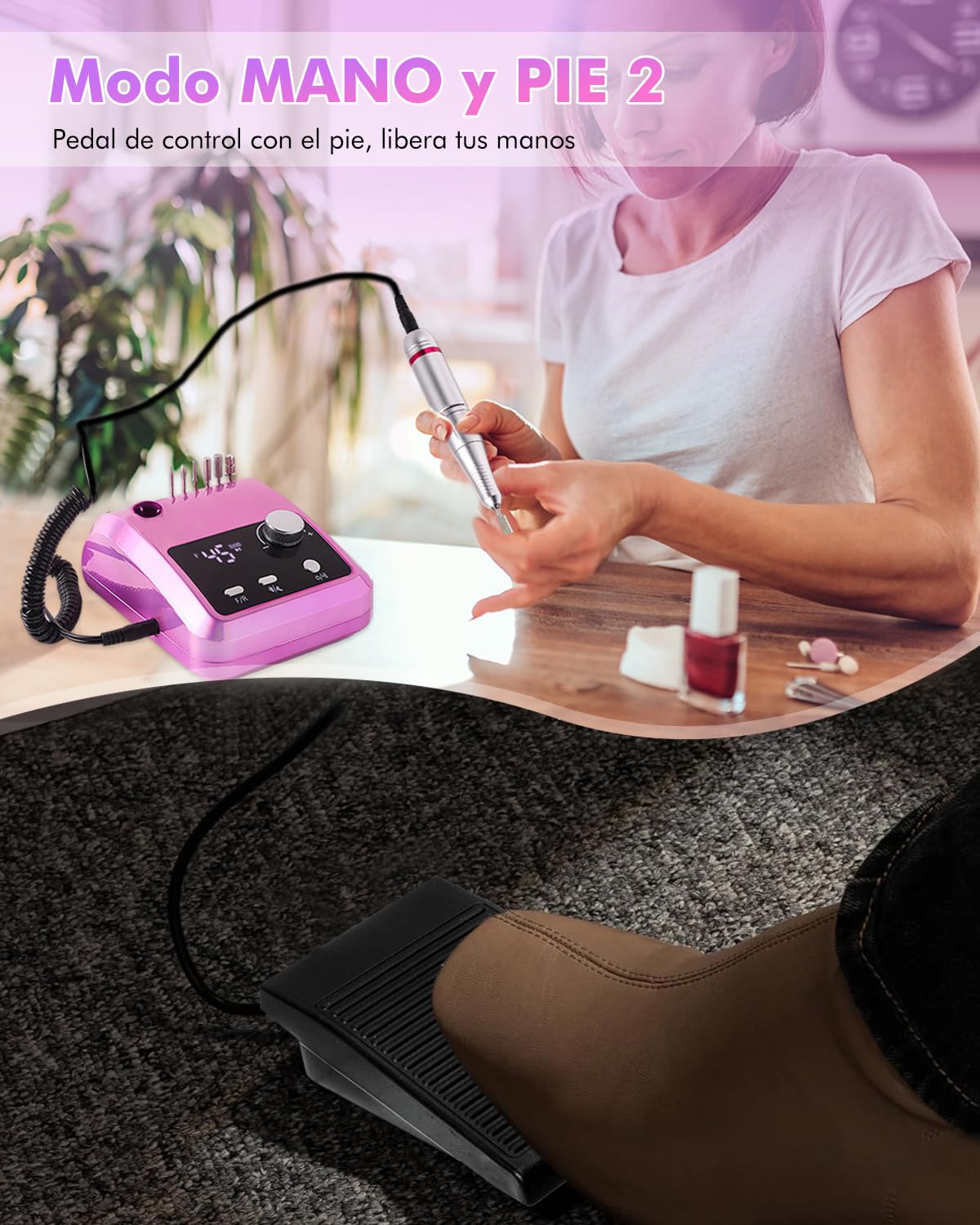CozyZen Taladro de Uñas Eléctrico Profesional | 45000 RPM, Lijadora con Pantalla LCD, Control Manual y de Pie, Bajo Ruido para Uñas Acrílico/Gel, Manicura y Pedicura