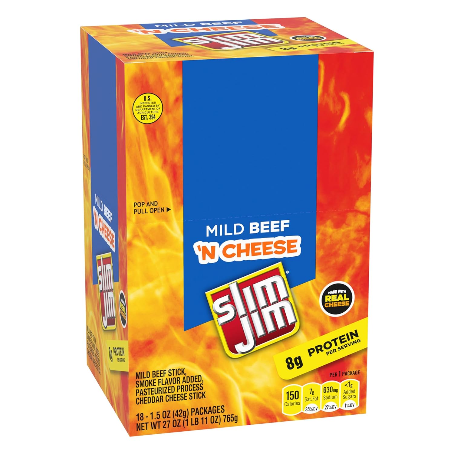 Slim Jim Beef 'N Cheese Smoked Meat Sticks, Mild Flavor, 8g Protein Per Serving, 1.5 oz. (18 Count)