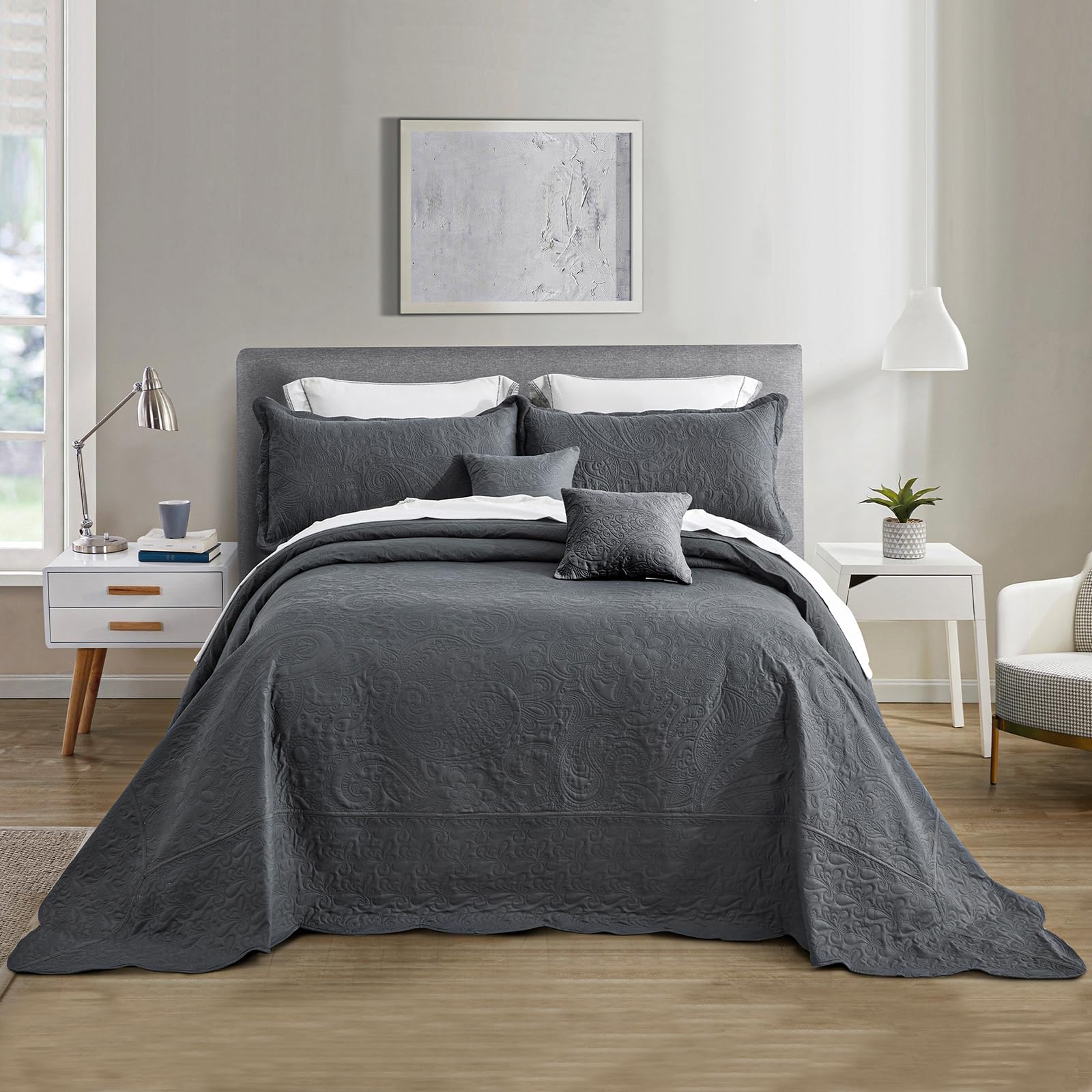 Oversized Alaskan King Bedspreads 138x122, Paisley, Dark Grey