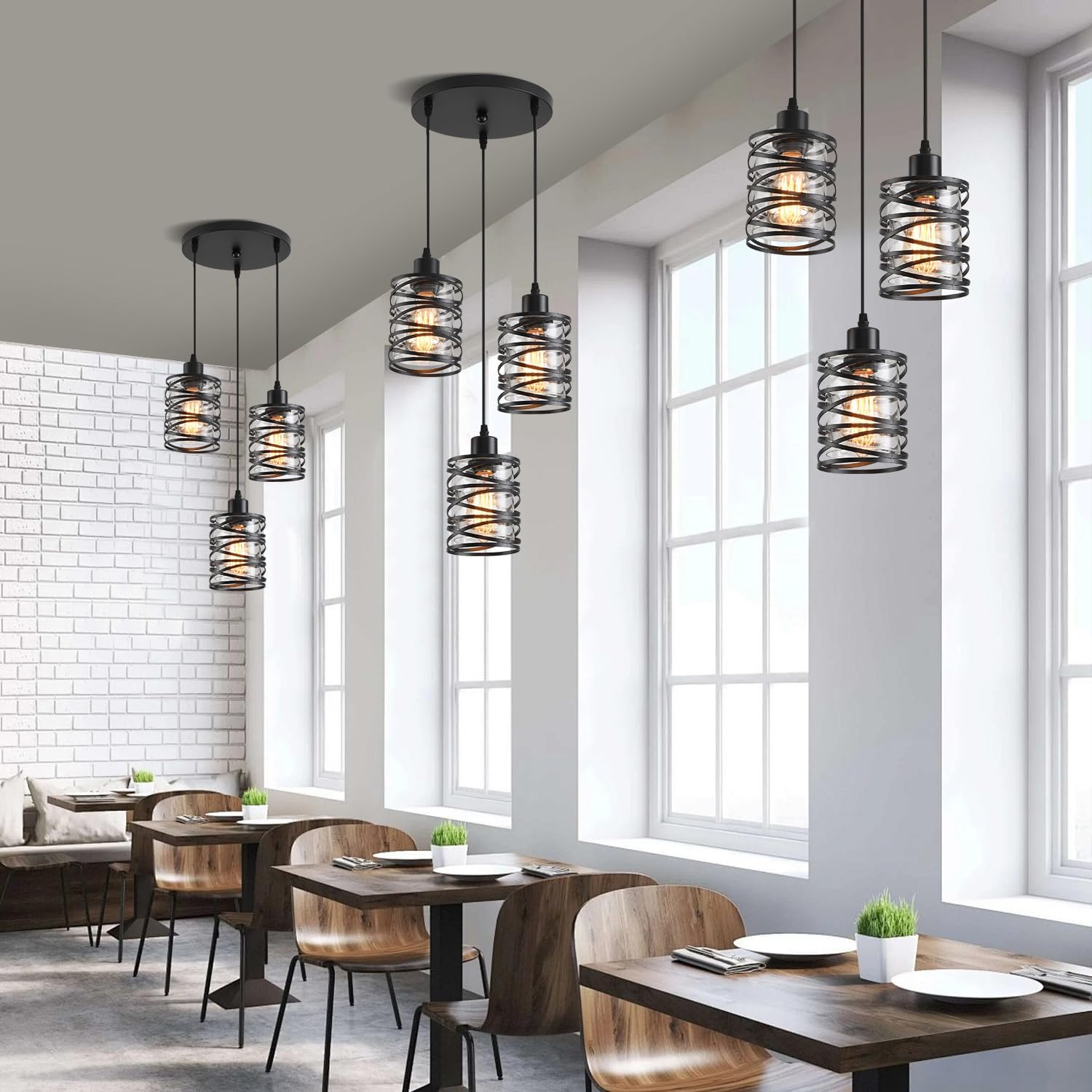 3 Light Pendant Lights Kitchen Island Black Pendant Light Fixtures Spiral Iron Kitchen Island Lighting with Clear Glass Shade Adjustable Hanging Light Fixtures