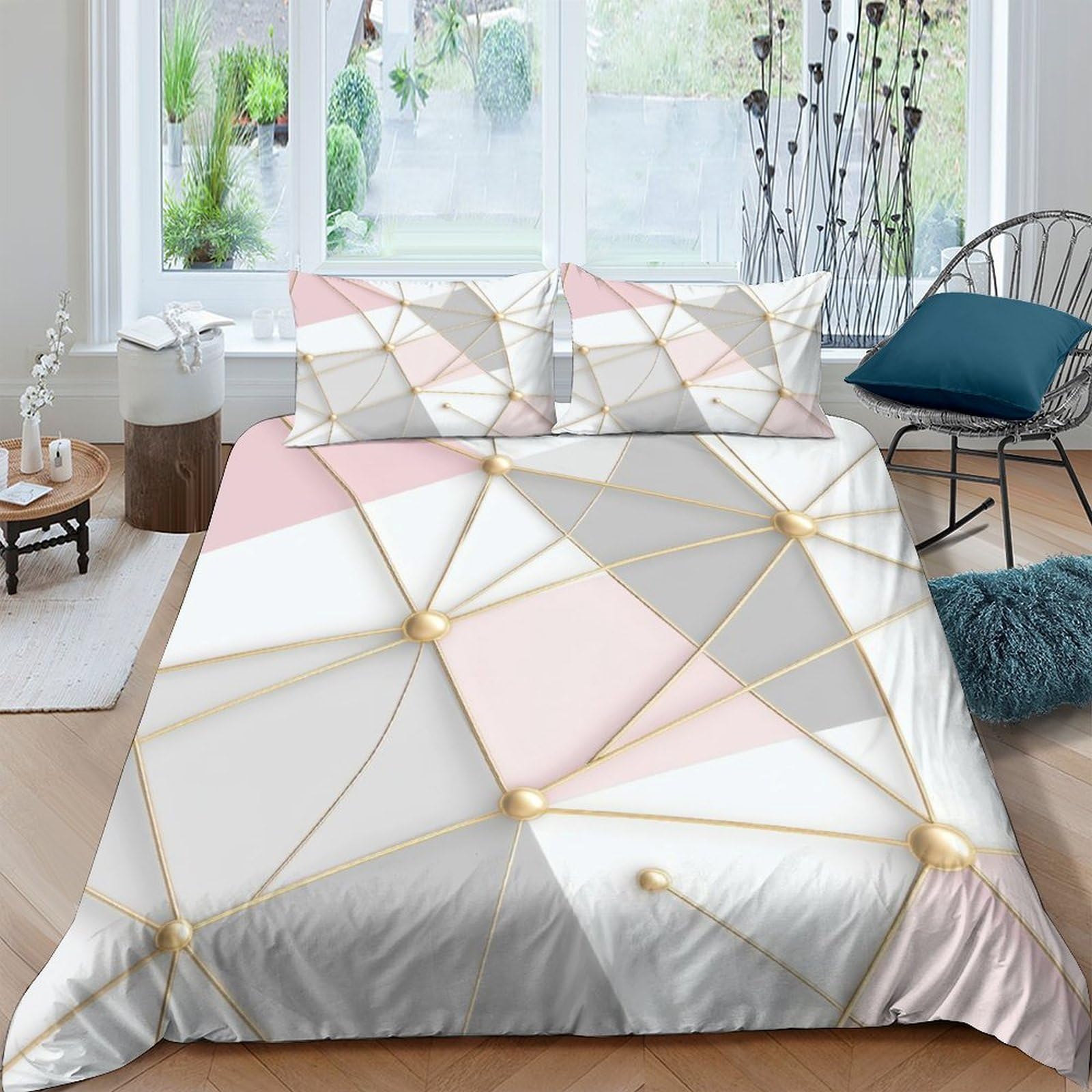 GPLZQXKJNH 3D Printed Geometric Abstract Duvet Cover Microfiber Soft Breathable Pastel Triangle Bedding Set with 2 Pillowcases for Bedroom Decor Single（135x200cm）