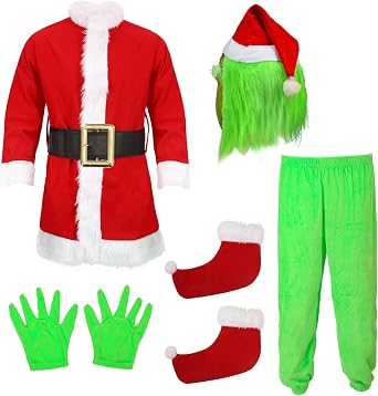 Christmas Gaint Monster Costume for Kids Boys Santa Claus Costume Santa Suit Green Christmas Cosplay Outfit