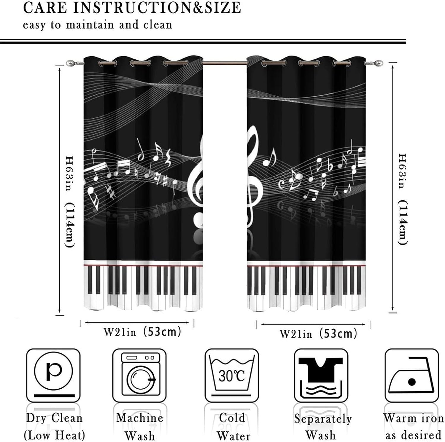 Black & White Piano Notes Ultra Soft Premier Blackout Curtains,Abstract Modern Art Music Keyboard DecorThermal Insulated Bedroom Noise Reducing Patio Door Grommet Top,2 Panels 45L x 21W