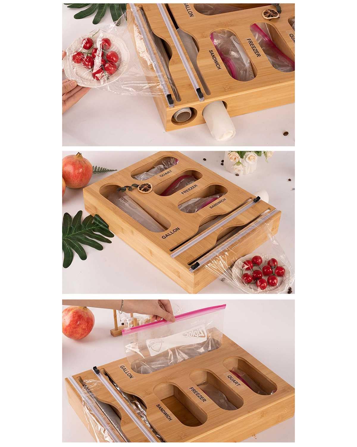 Dispensador de papel de aluminio y film transparente 6 en 1 para montar en la pared, organizador de bolsas de almacenamiento para cajones de cocina, soporte de almacenamiento de alimentos de bambú par