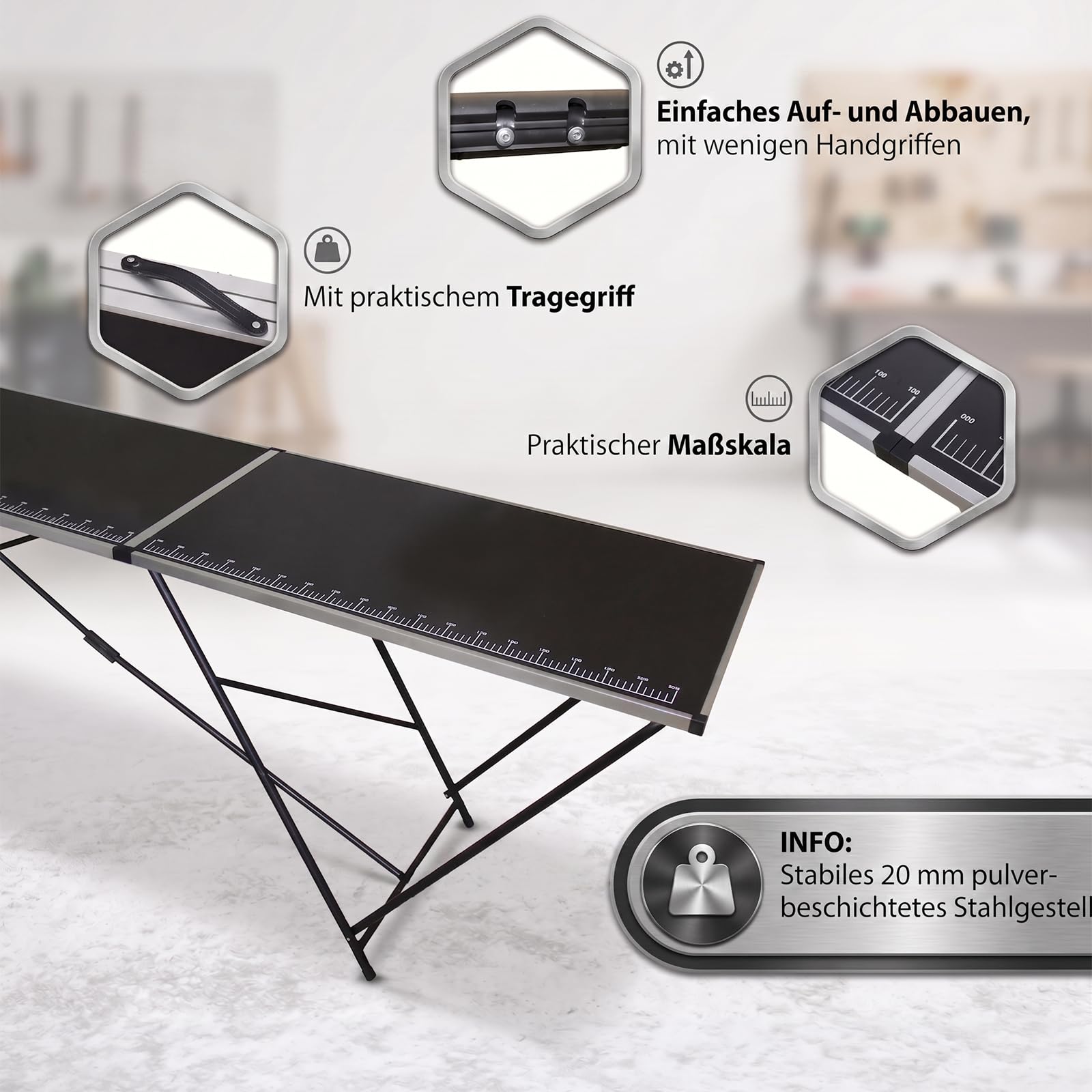 TRUTZHOLM Tapeziertisch klappbar aus Aluminium 300x60 cm | Mehrzwecktisch mit praktischer Messsskala | bis 30kg belastbar, stabile 3mm Dicke MDF-Platte