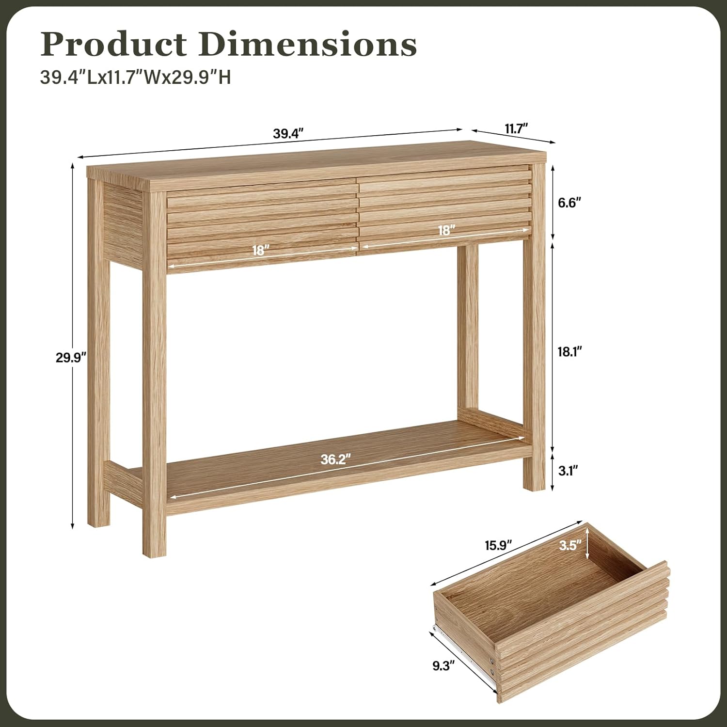 EAG 40" Fluted Console Table with 2 Drawers, Modern Wood 2 Tier Entryway Table with Storage Shelf, Narrow Sofa Tables Behind Couch for Entrance Foyer, Hallway, Living Room, Natural