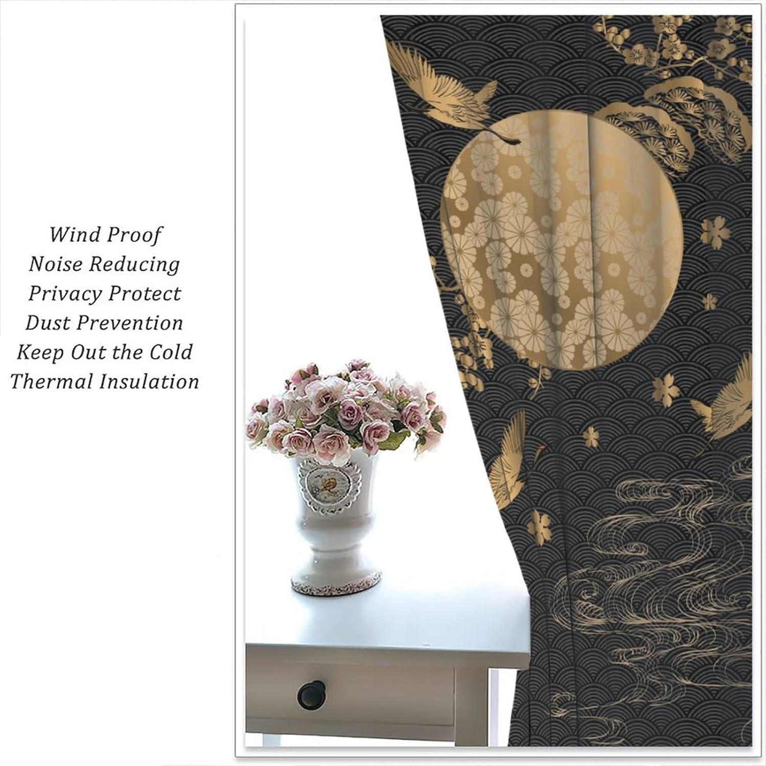 Baroque Crane Curtains, Luxury Black Golden Asian Japanese Art Abstract Bird Cloud Floral Drapes, Thermal Insulation Blackout Rod Pocket Window Treatments for Living Room Bedroom Bathroom 42x54in