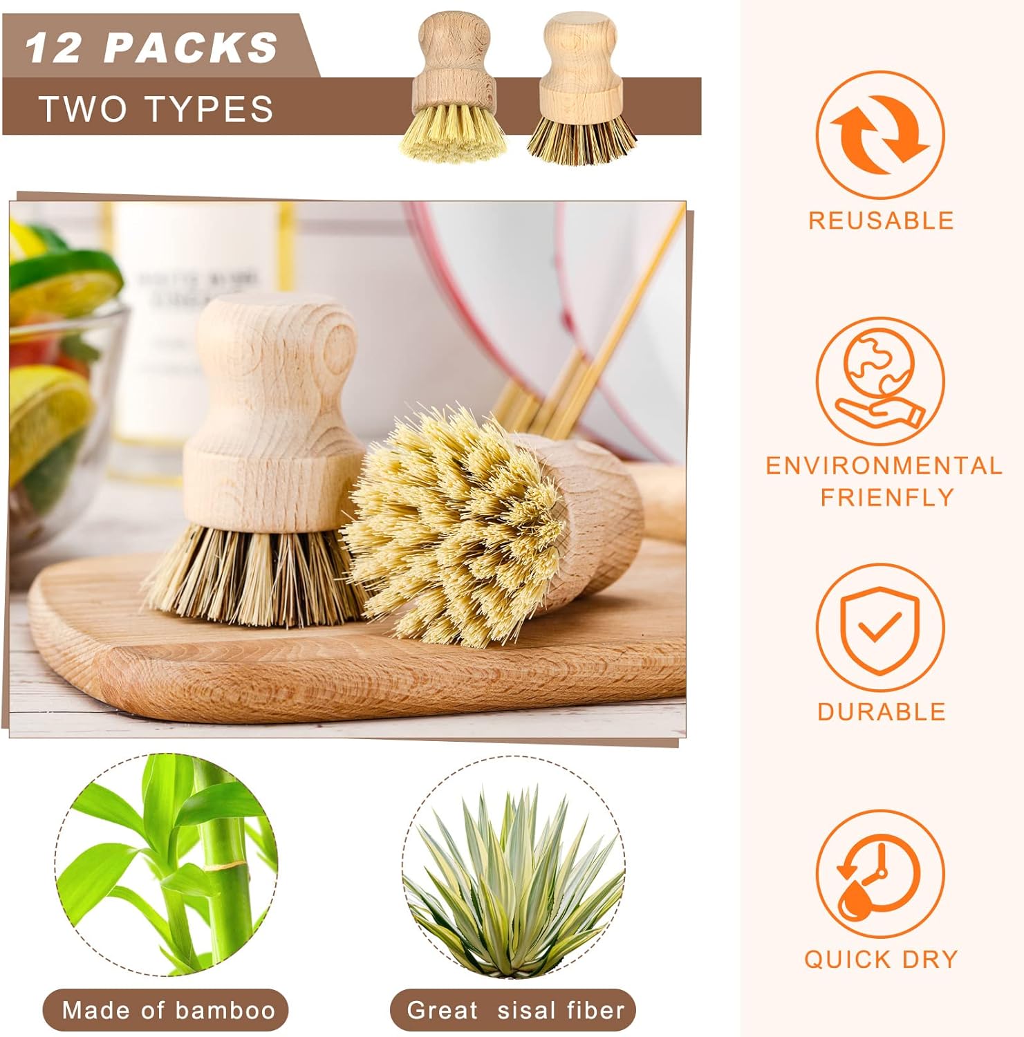 12 Pcs Bamboo Dish Brush, Wooden Scrubber Sisal Bristle Kitchen Wood Brushes for Cleaning Mini Dish Scrubber for Food Pan Pot Sink Fruit and Vegetable Wash