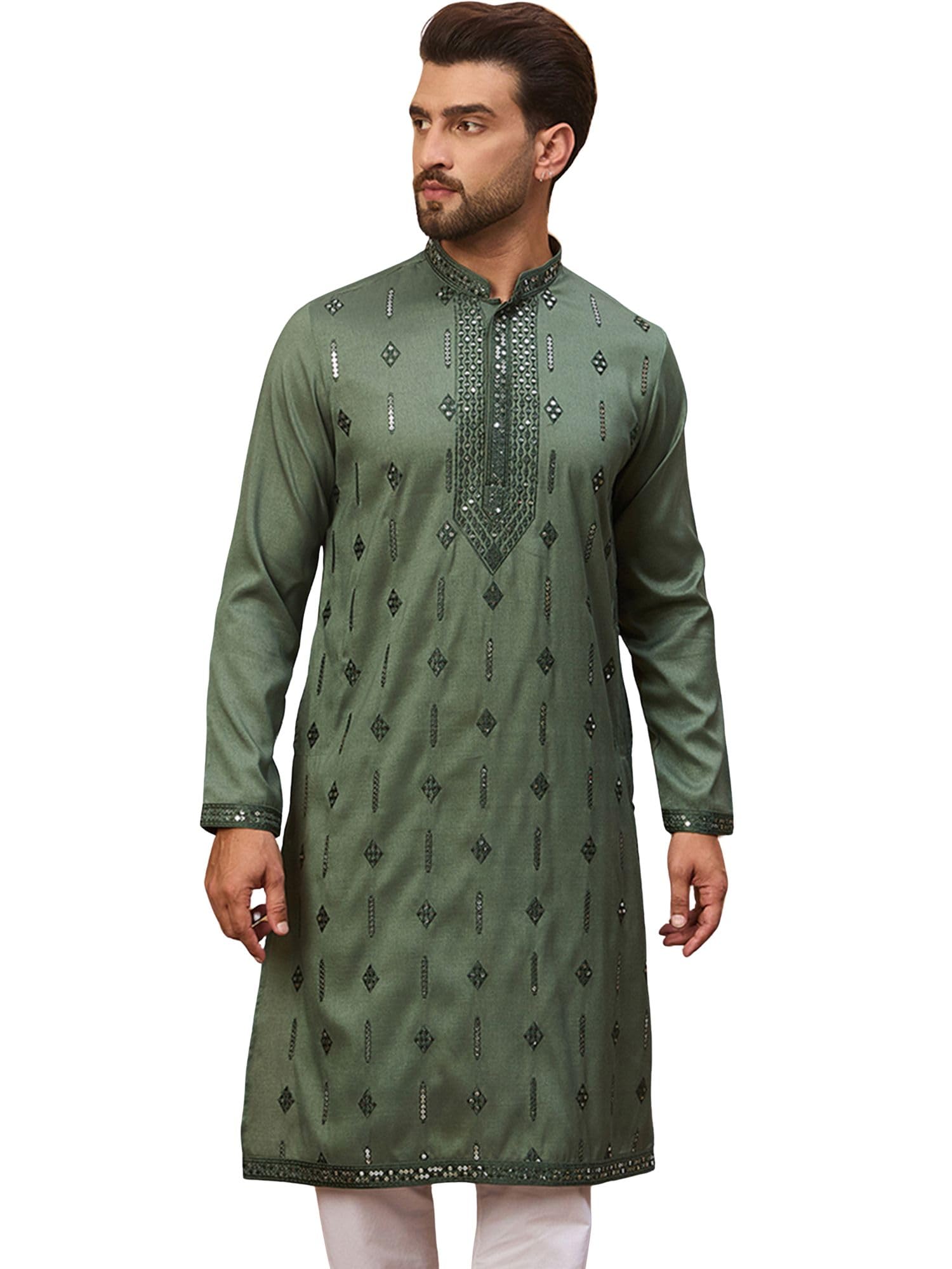 ethnic bay Men's Green Silk Blend Solid Embroidered Calf Length Kurta | Embroidered Kurtas for Mens | Straight Fit Kurta's for Men-picture-25